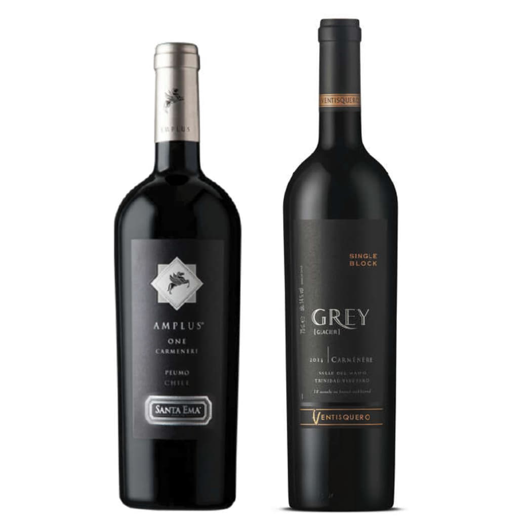 PACK DUO AMPLUS GREY: Vino Santa Ema Amplus Carmenere 750cc + Vino Ventisquero Grey Carmenere 750cc_1
