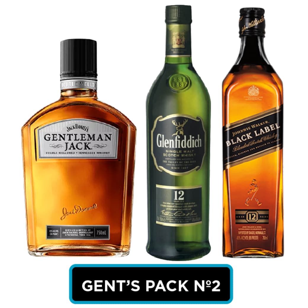 GENTS PACK Nº2: Whiskey Gentleman Jack Daniels 750cc 40º alc. + Whisky Glenfiddich 12 años 750cc 40º alc. + Whisky Johnnie Walker Black Label 750cc 40º alc._1