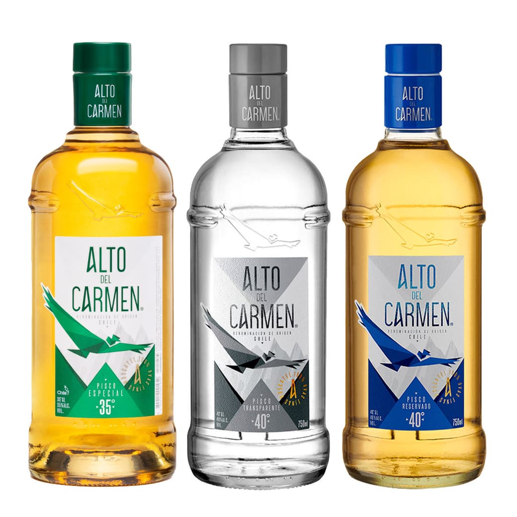 PACK FAN ALTO DEL CARMEN: 1x Pisco Alto del Carmen 35 grados 750cc  + 1x Pisco Alto del Carmen Transparente 750cc 40º alc. + 1x Pisco Alto del Carmen Reservado 750cc 40º alc_1