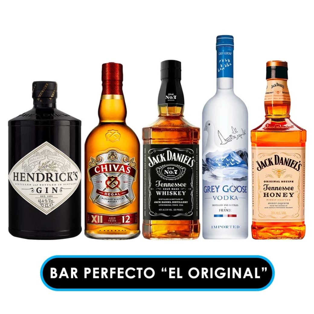 EL BAR PERFECTO "EL ORIGINAL":  Gin Hendricks 700cc + Whisky Chivas Regal 12 años 750cc +  Whiskey Jack Daniels 750cc + Vodka Grey Goose 750cc + Whiskey Jack Daniels Honey 750cc._1