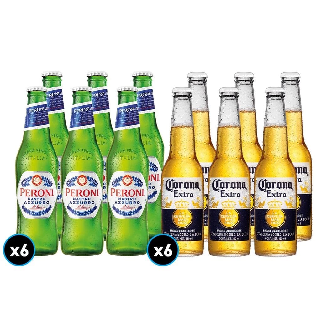 PACK PERONI - CORONA: 6x Cerveza Peroni Nastro Azzurro Botella 330cc + 6x Cerveza Corona Extra en Botellas 330cc_1