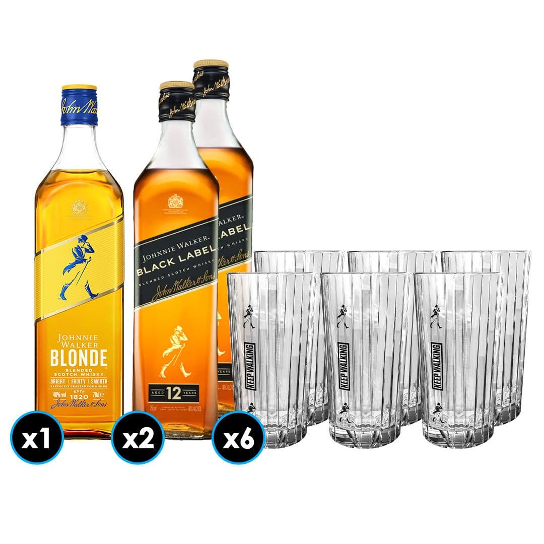 Pack Johnnie Walker: 2x Whisky Johnnie Walker Black Label 750cc 40º alc. + 1 Whisky Johnnie Walker Blonde 750cc 40º alc. + 6 Vaso Highball JW Black _1