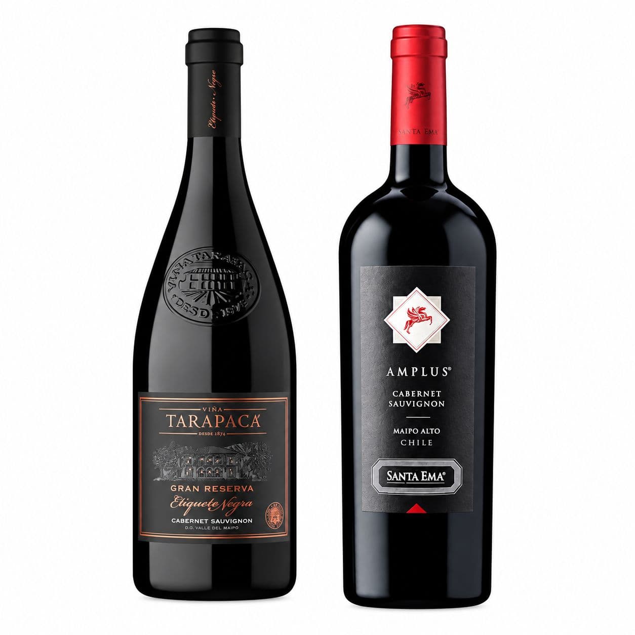 DUO AMPLUS TARAPACÁ (CABERNET SAUVIGNON): 1x Vino Santa Ema Amplus Cabernet Sauvignon 750cc + 1x Vino Tarapacá Etiqueta Negra Cabernet Sauvignon 750cc_1