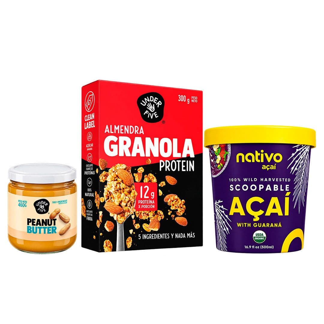 Pack Acaí Bowl N°2: 1x Helado Acaí Nativo Orgánico 500ml + 1x Granola Proteica Underfive 300grs + 1x Mantequilla de Maní Underfive 460grs_1