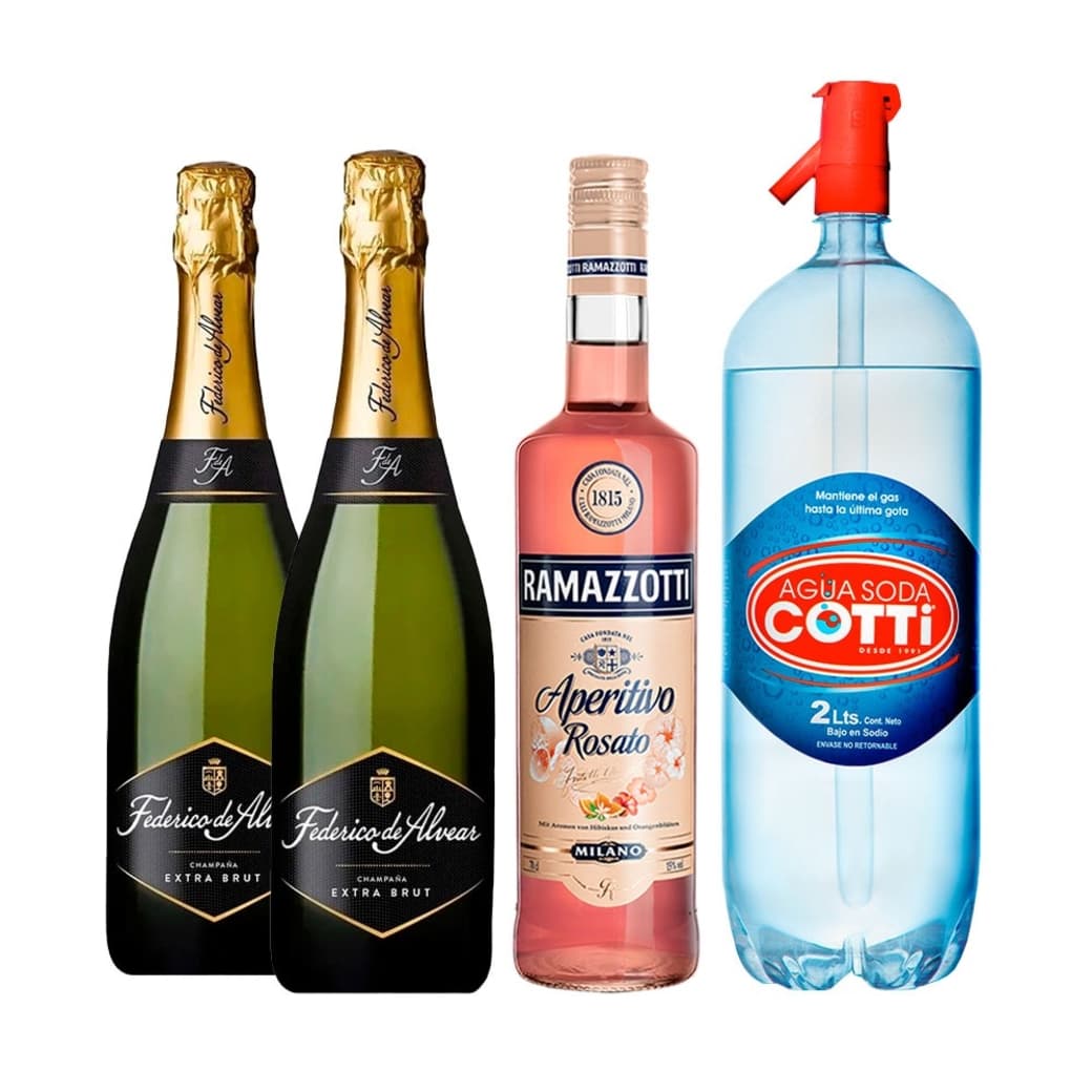 PACK SPRITZ PERFECTO (RAMAZZOTTI - FEDERICO DE ALVEAR): 1x Licor Aperitivo Ramazzotti Rosatto 700cc + 2x Espumante Federico de Alvear Extra Brut 750cc + 1x Agua Soda Cotti 2 Litros_1