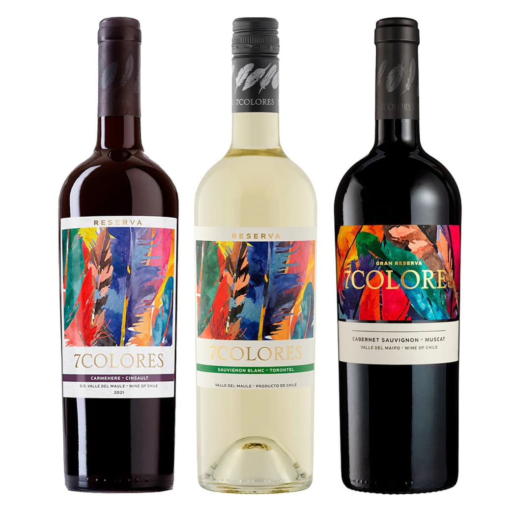 PACK 7 COLORES N°5: 1x Vino 7 Colores Reserva Carmenere Cinsault 750cc + 1x Vino 7 Colores Reserva Sauvignon Blanc 750cc + 1x Vino 7 Colores Gran Reserva Cabernet Sauvignon-Muscat 750cc_1